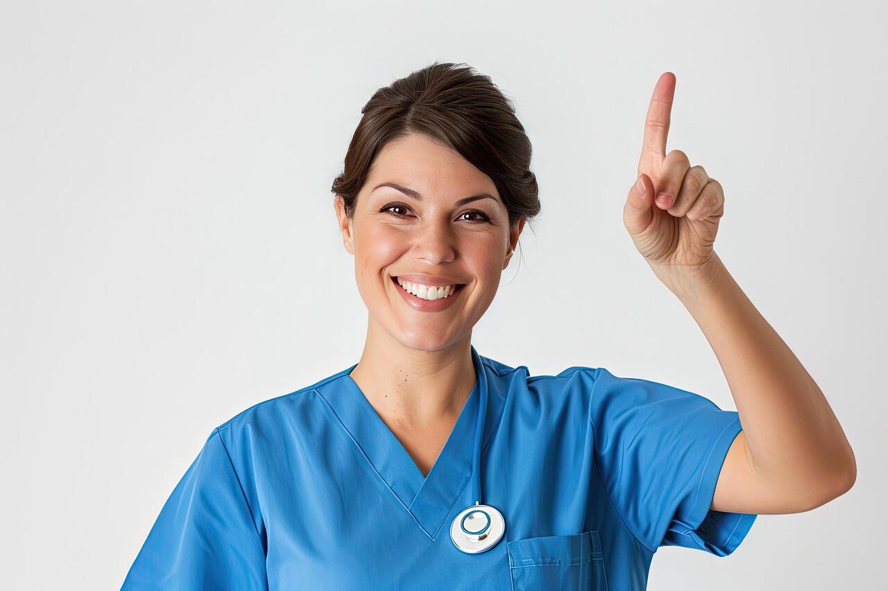 A person wearing blue scrubs pointing up

AI-generated content may be incorrect.